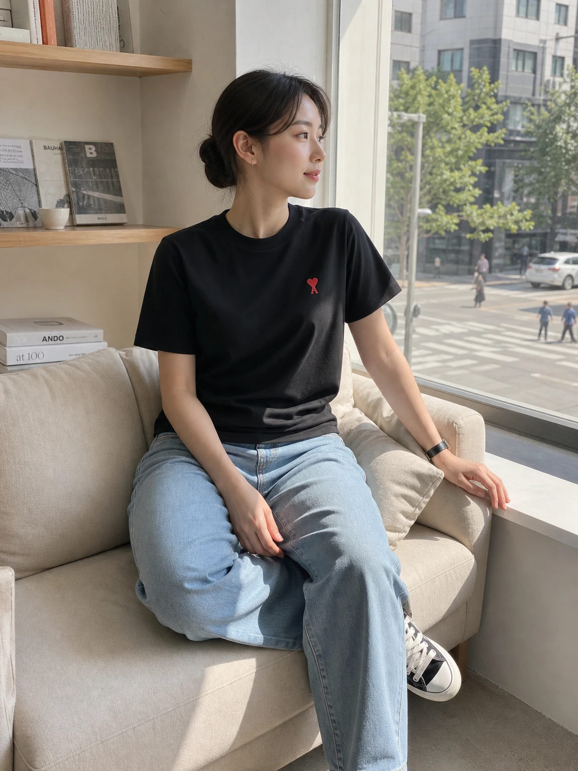 하트 자수로 포인트 준 티셔츠