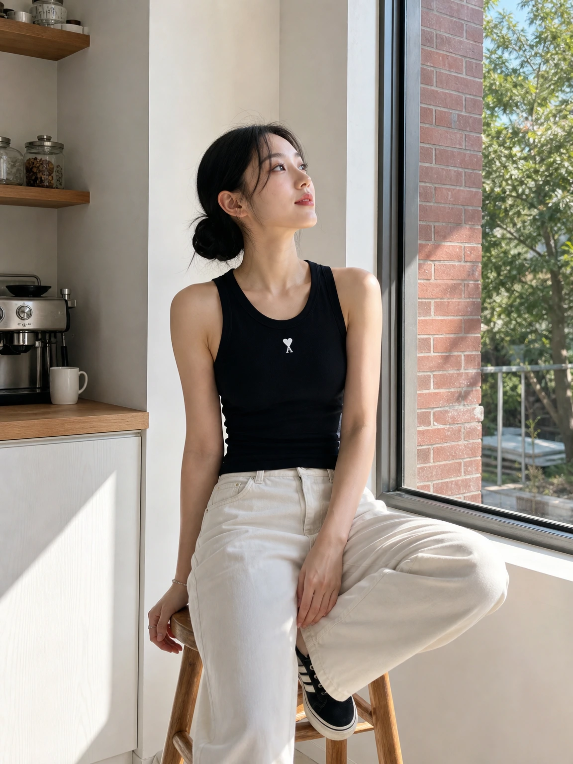 담백하게 라인 드러낸 민소매티셔츠