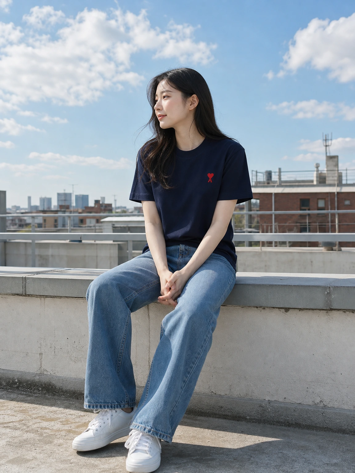 하트 자수로 포인트 준 반팔 티셔츠