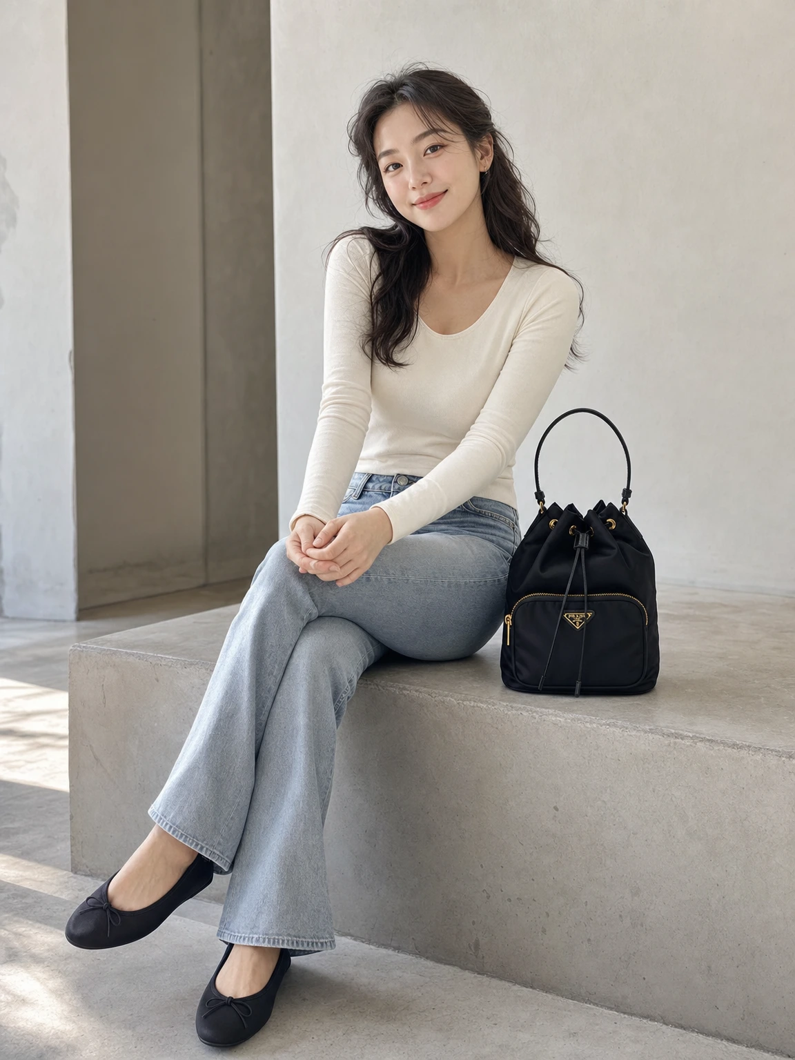 가볍게 조여 메는 리나일론 버킷백