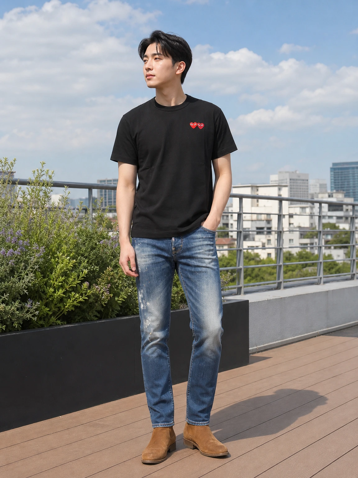더블 하트로 포인트 준 반팔 티셔츠