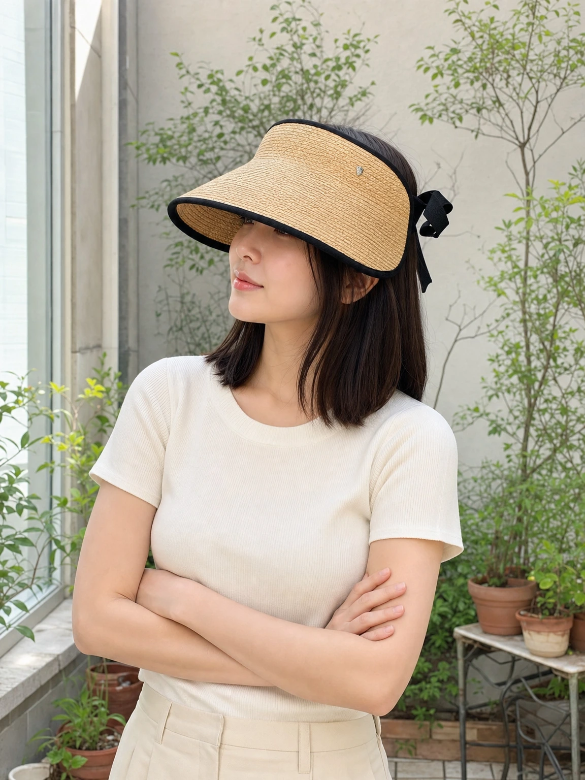 넓은 챙의 라피아 썬캡