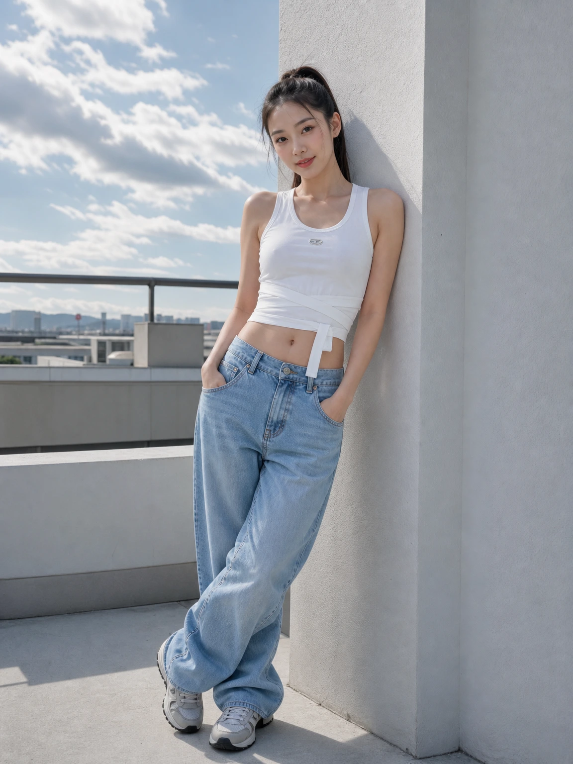 허리 스트랩으로 라인 잡는 탱크 탑