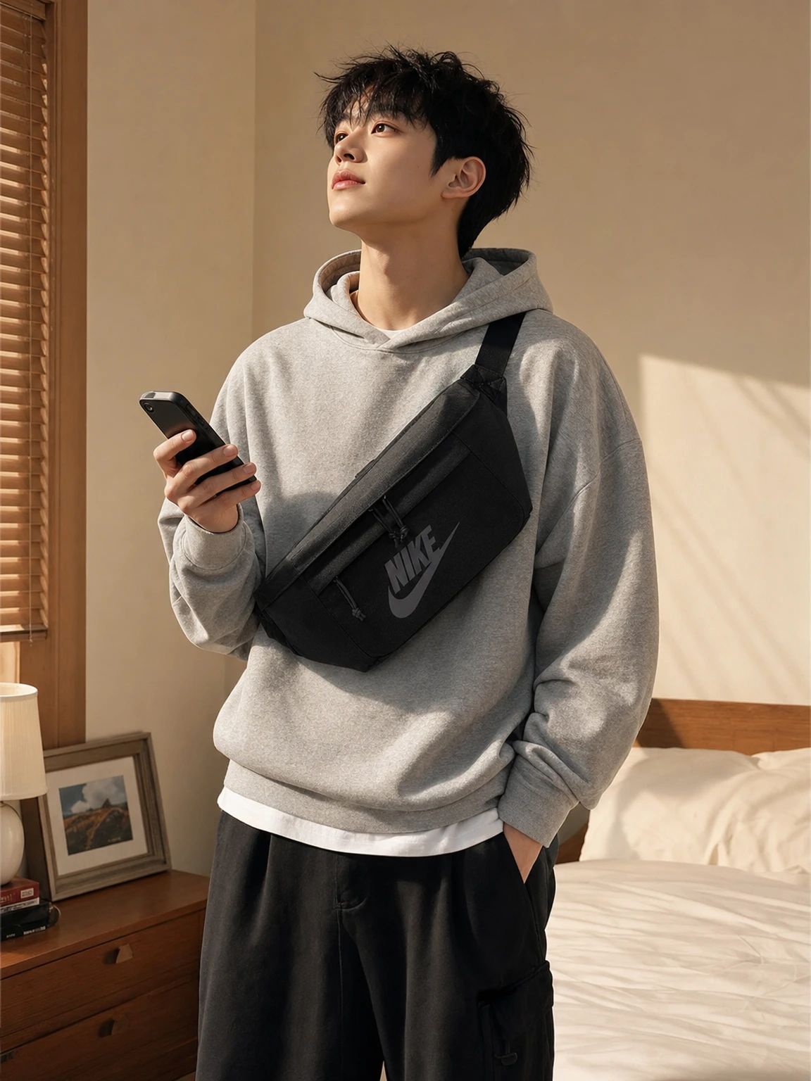 와이드 실루엣의 테크 힙색