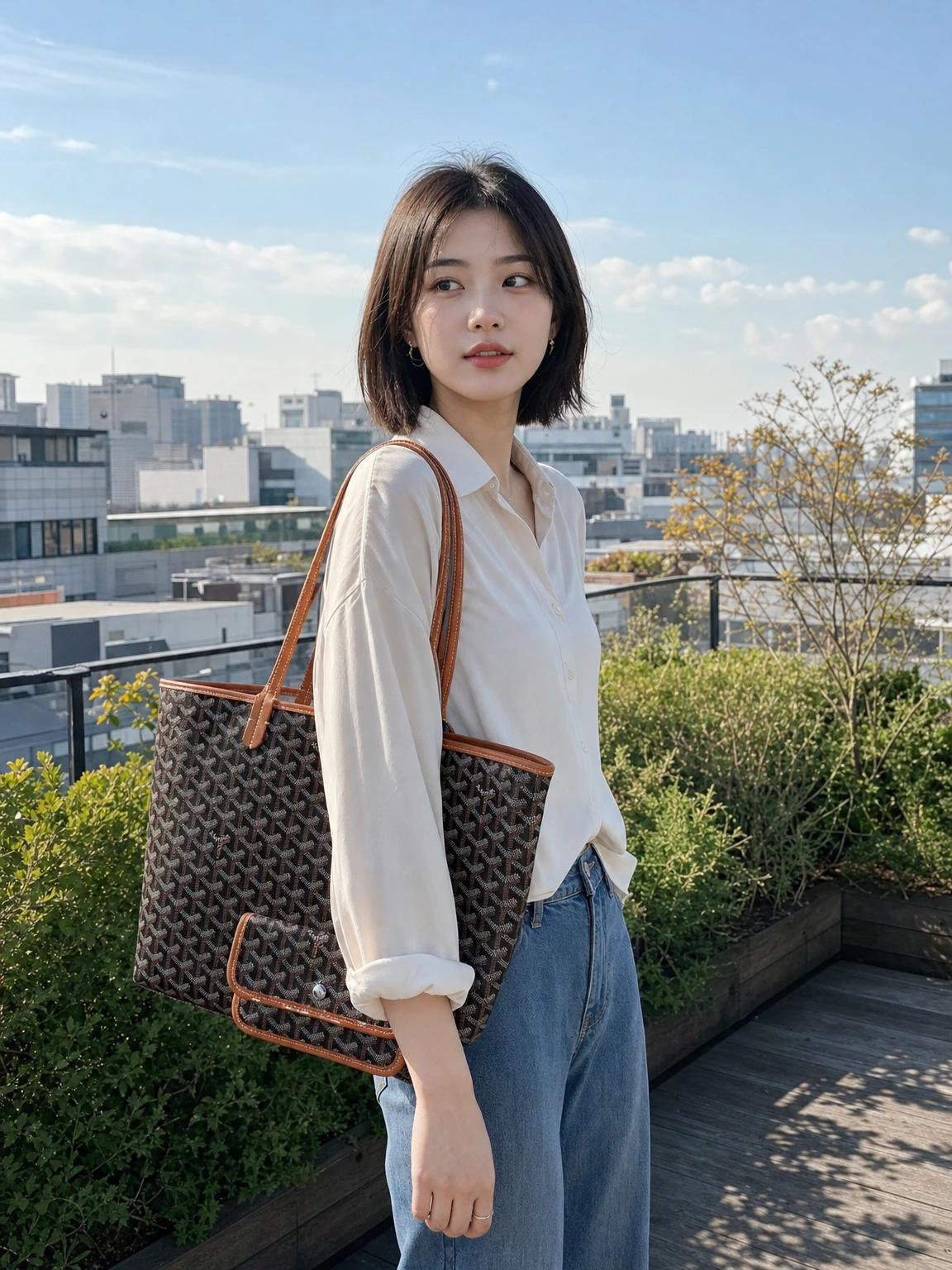 시그니처 패턴의 쇼퍼 숄더백