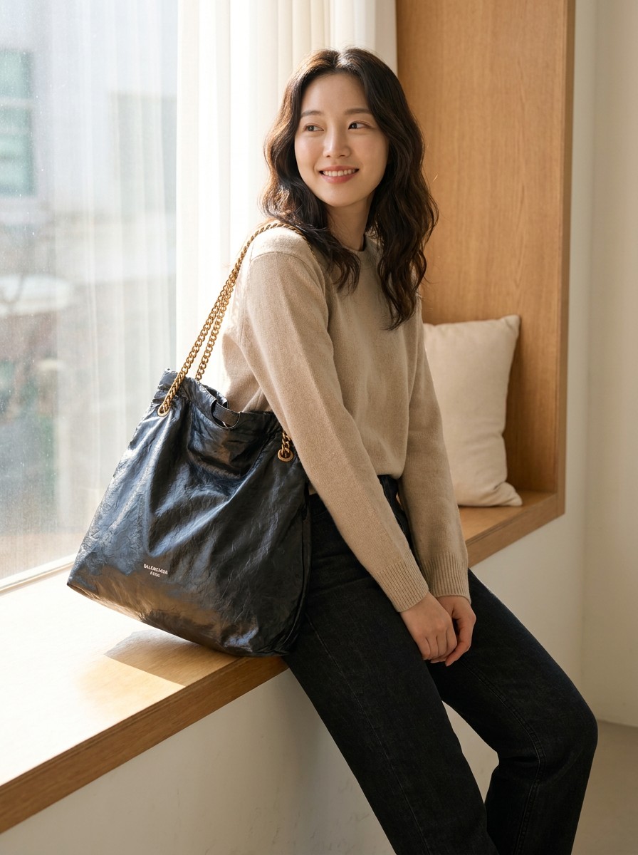 크럼플 텍스처의 체인 토트백
