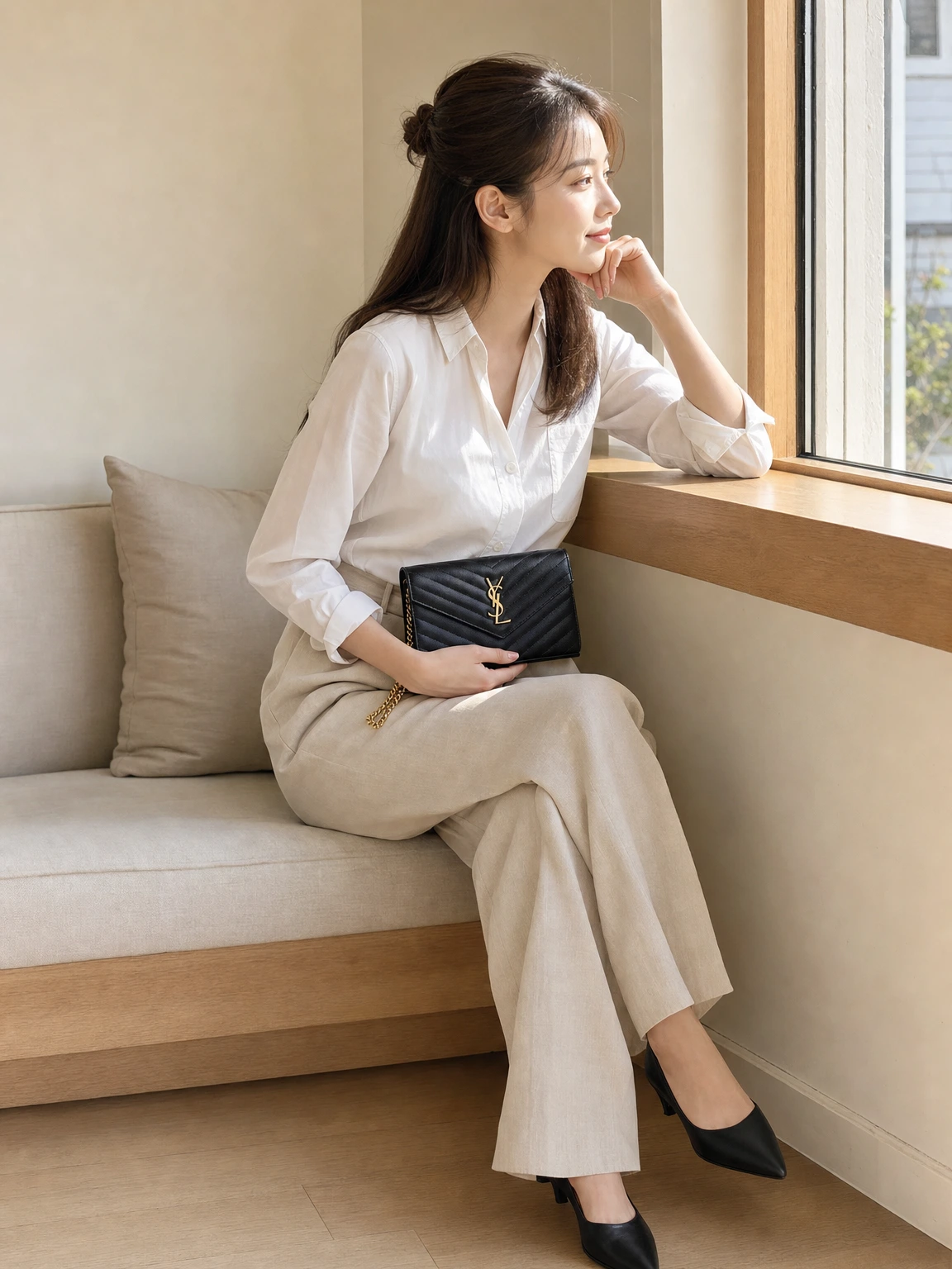 체인과 로고가 빛나는 체인 숄더백