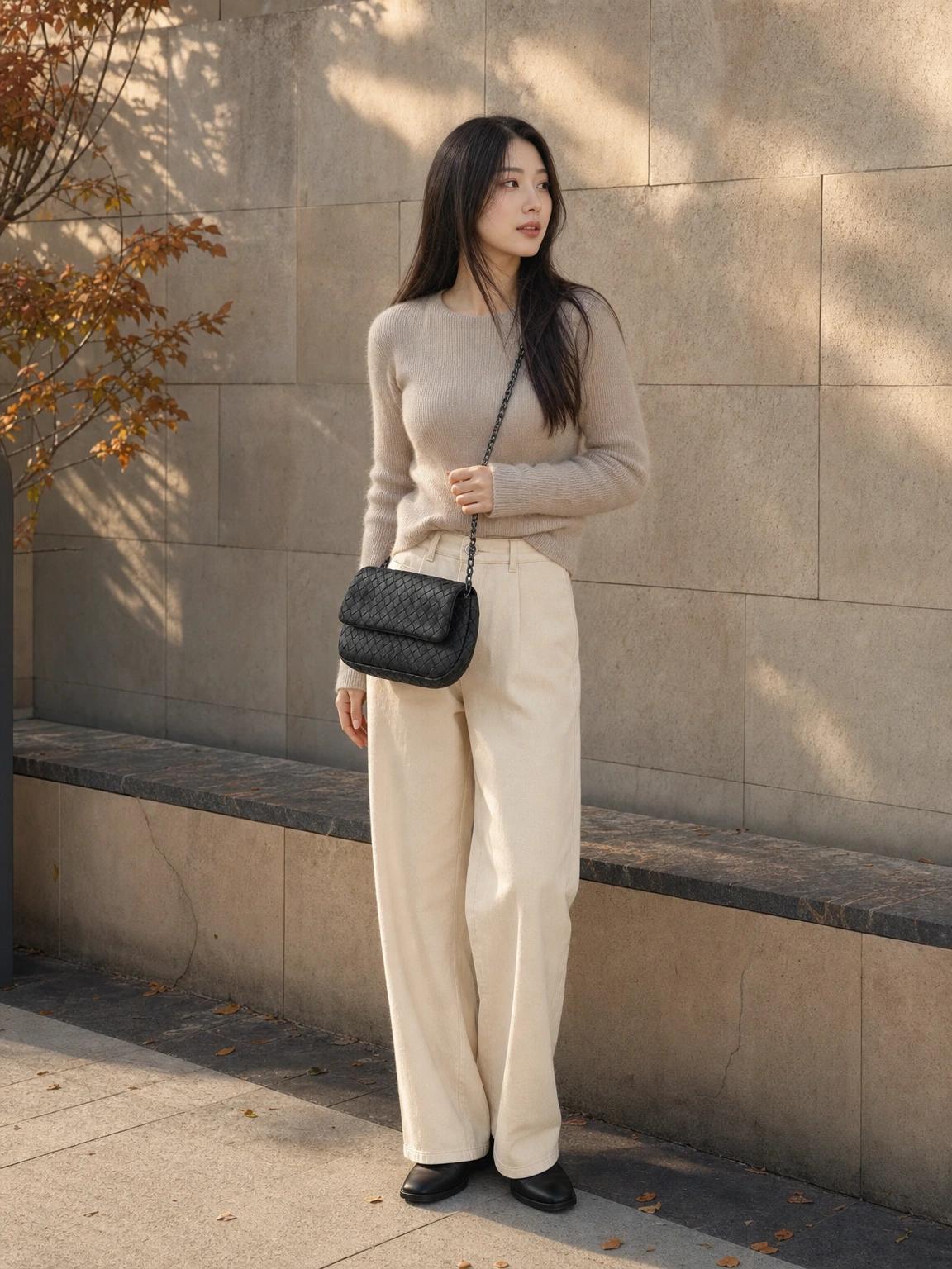 체인이 돋보이는 위빙 숄더백