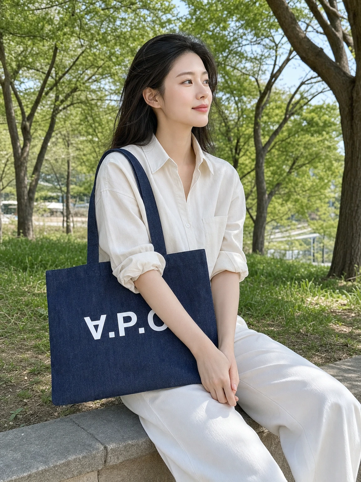 심플 로고가 돋보이는 데님 토트백