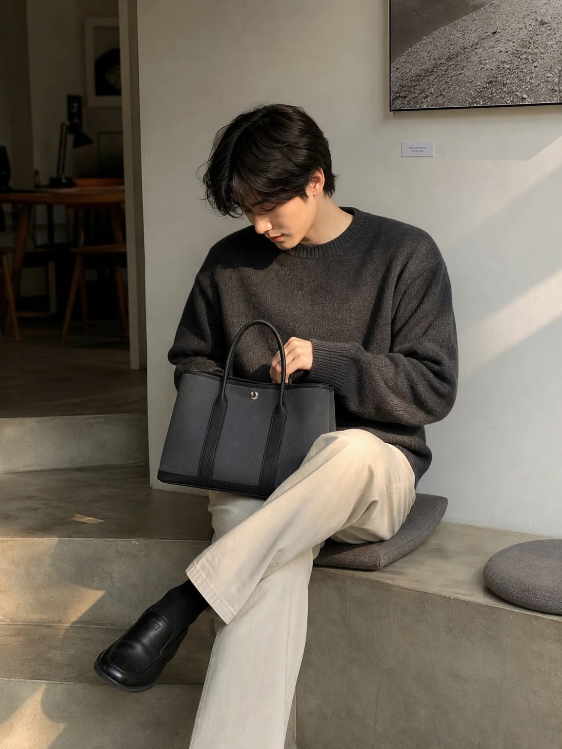 배색 손잡이가 돋보이는 토트백