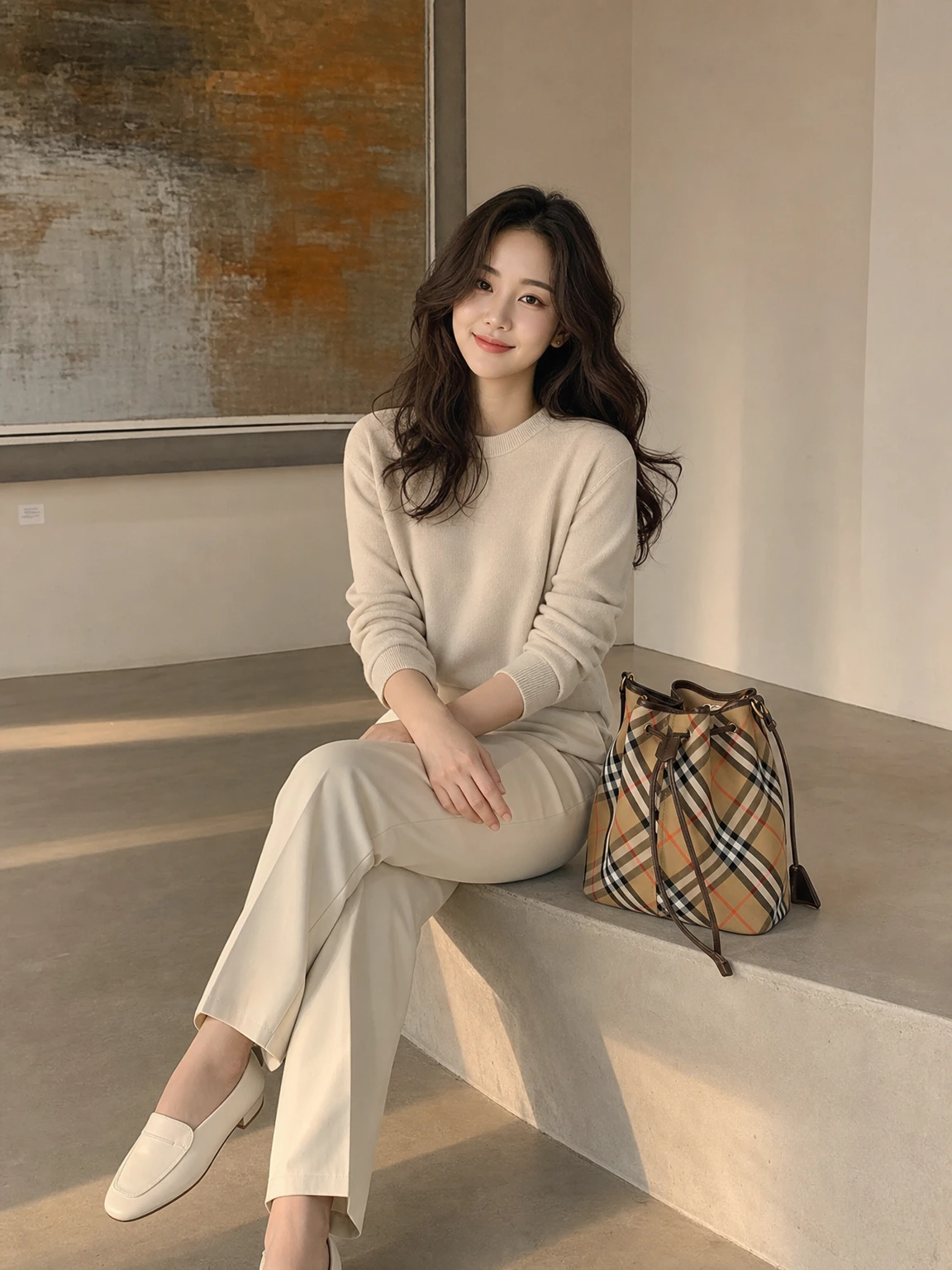 체크 패턴이 경쾌한 버킷 숄더백
