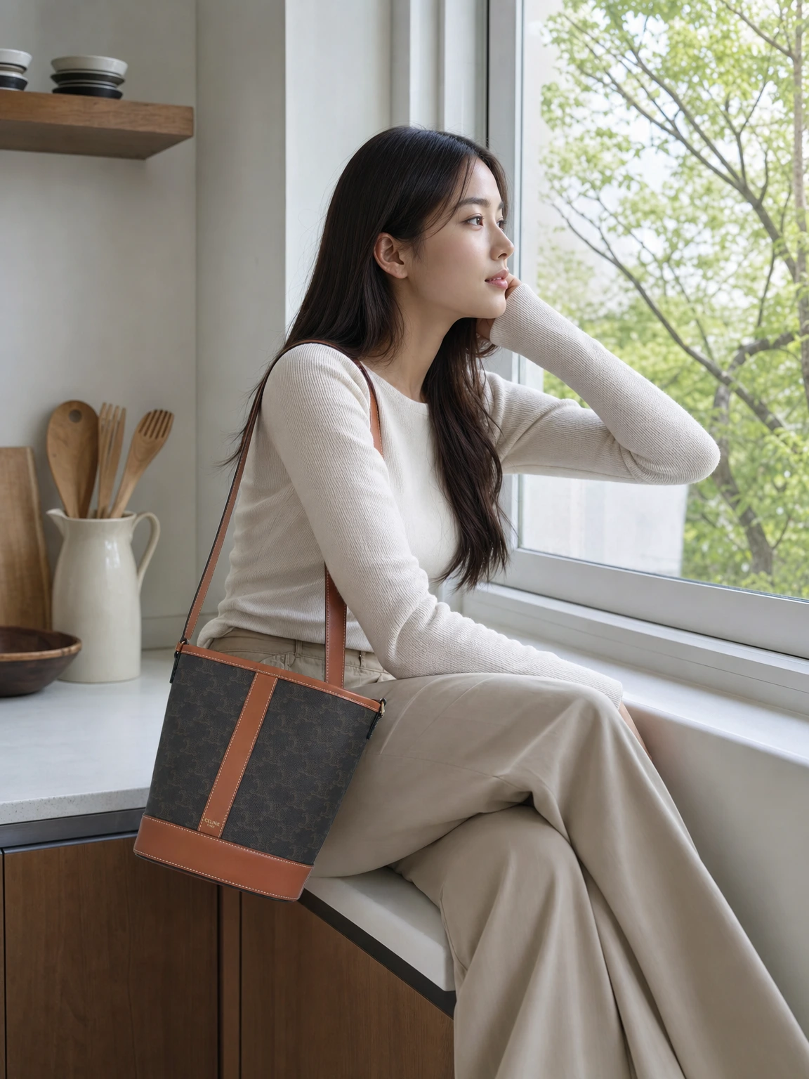 세로 배색이 깔끔한 버킷 숄더백