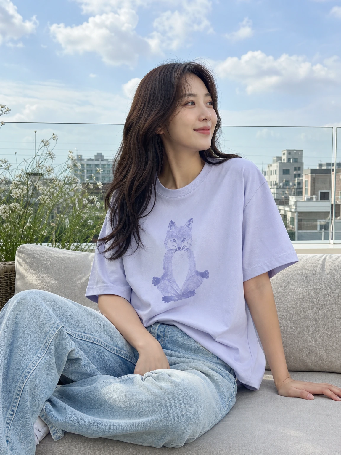 여우 일러스트가 포인트인 티셔츠