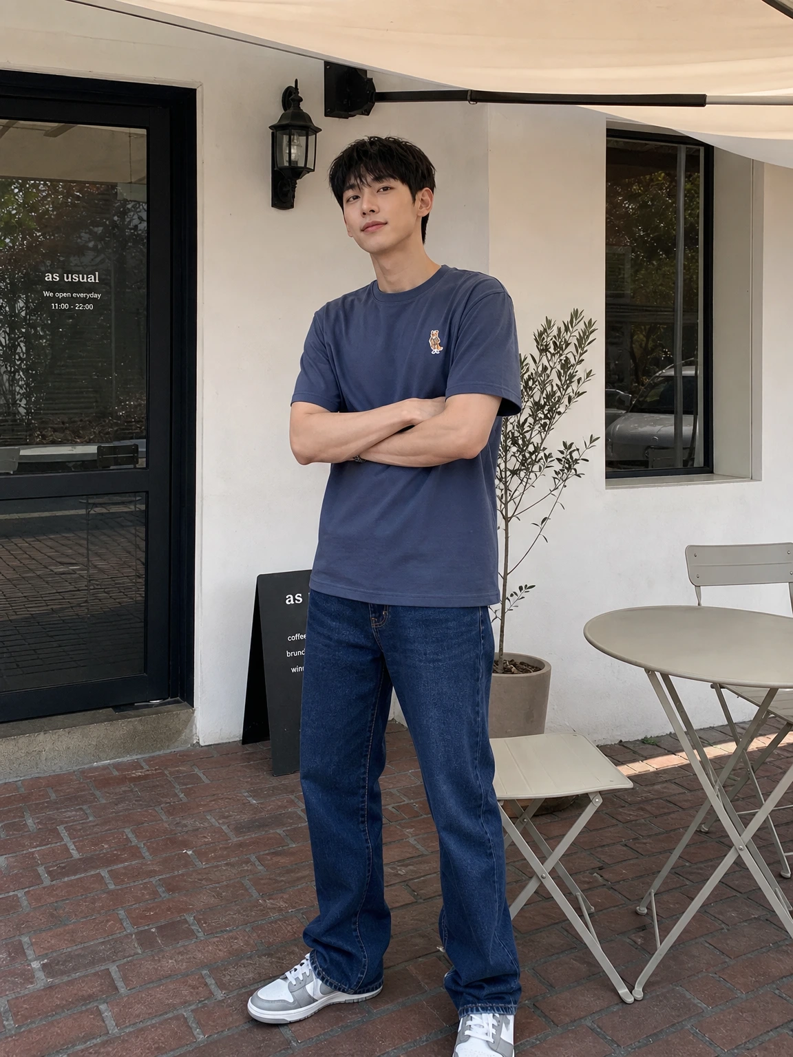 미니 폭스 자수가 포인트 반팔 티셔츠