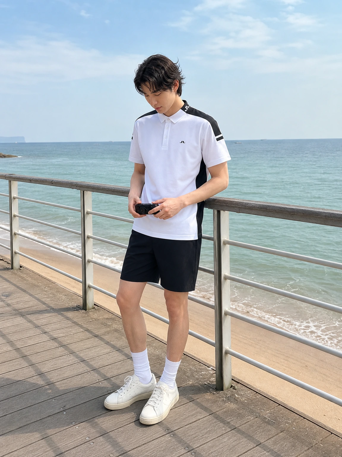 어깨 배색 라인이 돋보이는 반팔 티셔츠