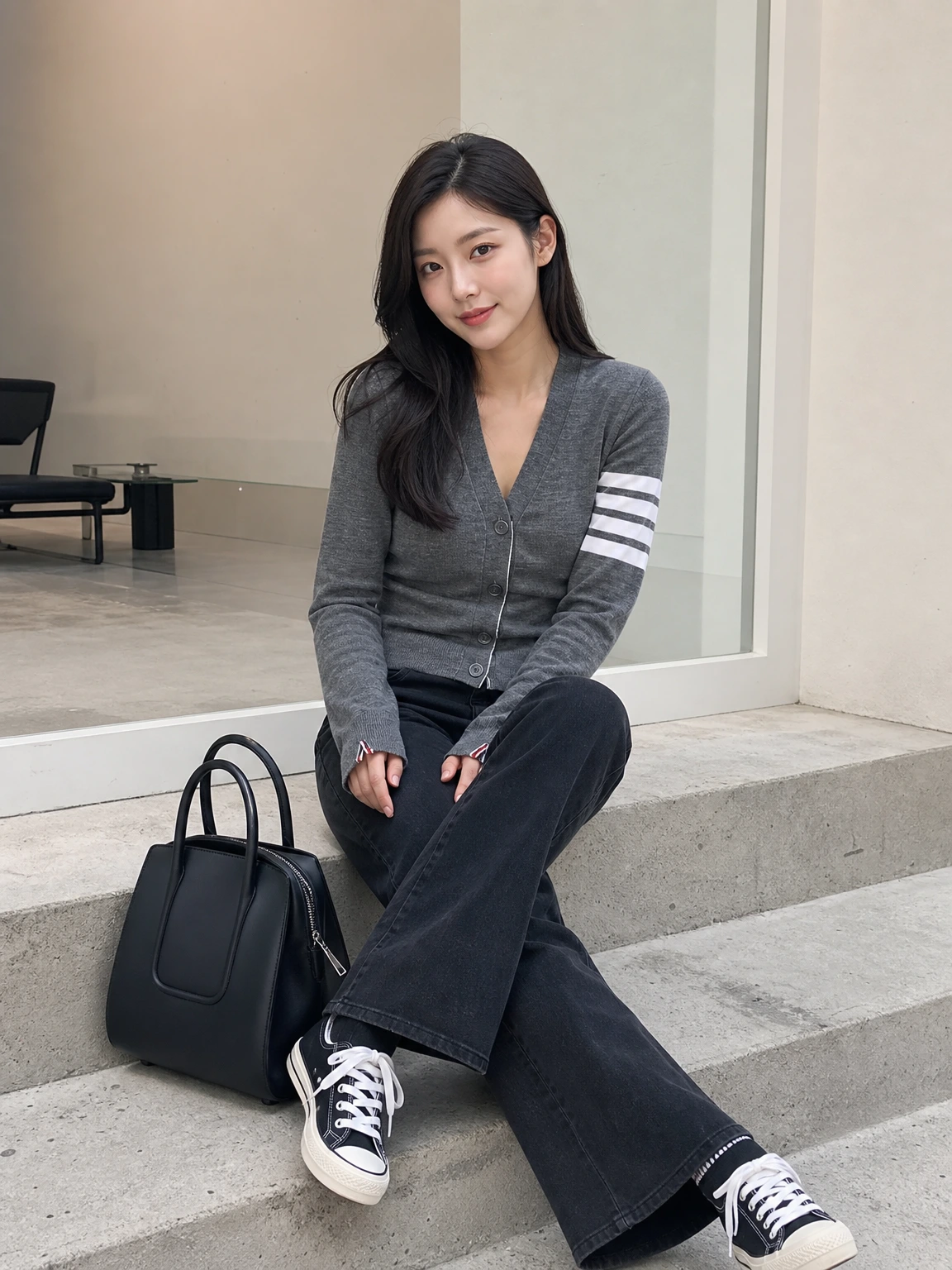 소매 스트라이프로 힘 준 가디건