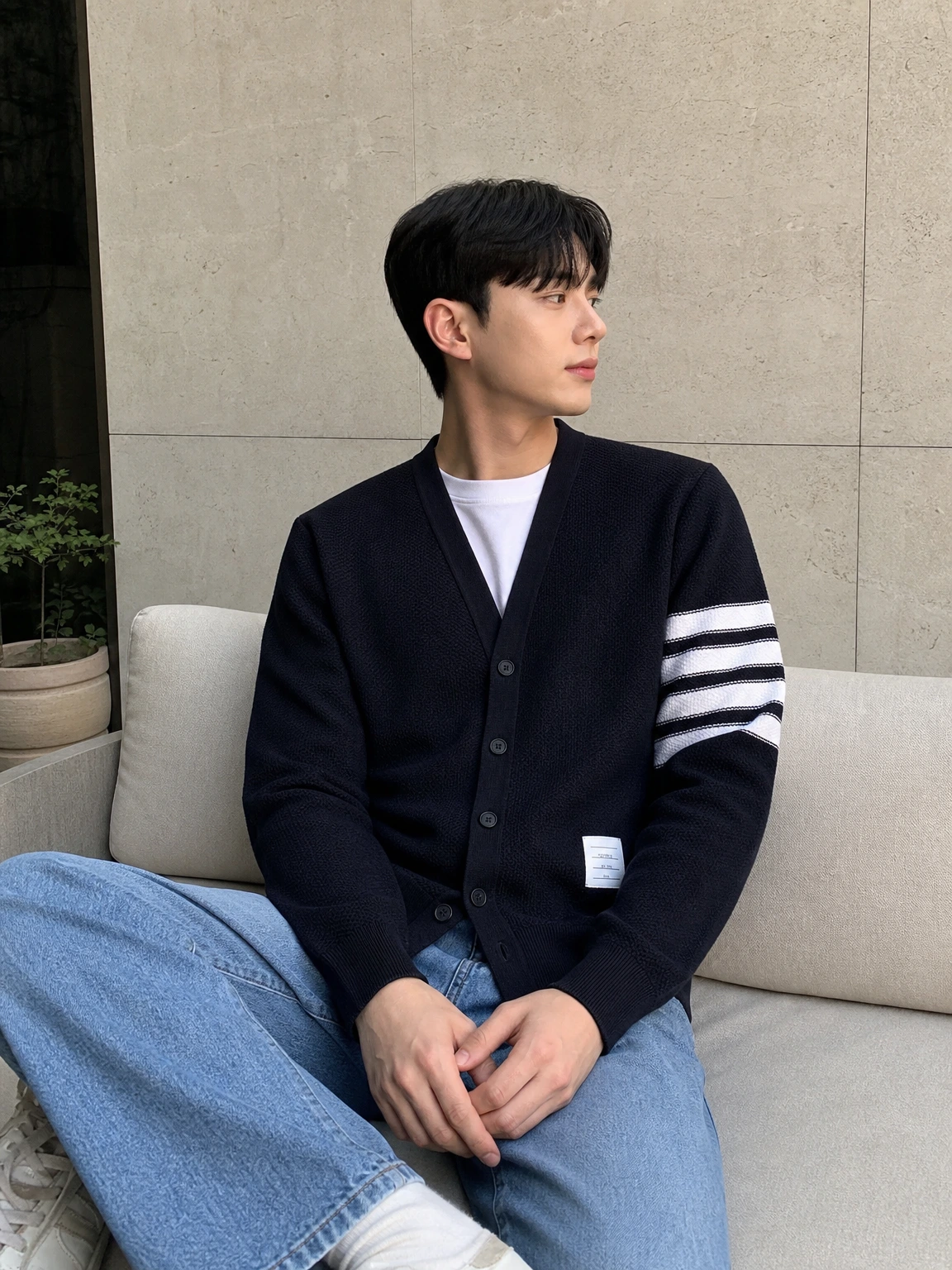소매 스트라이프로 리듬 준 가디건