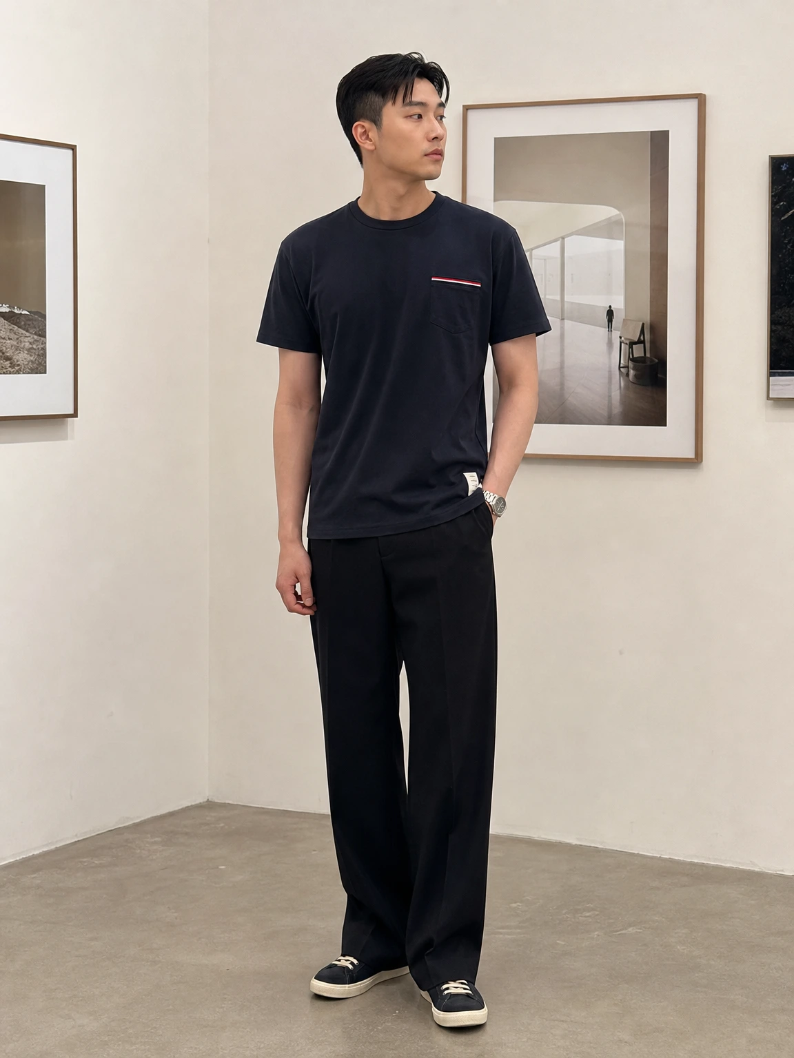 포켓 배색 라인이 돋보이는 반팔티
