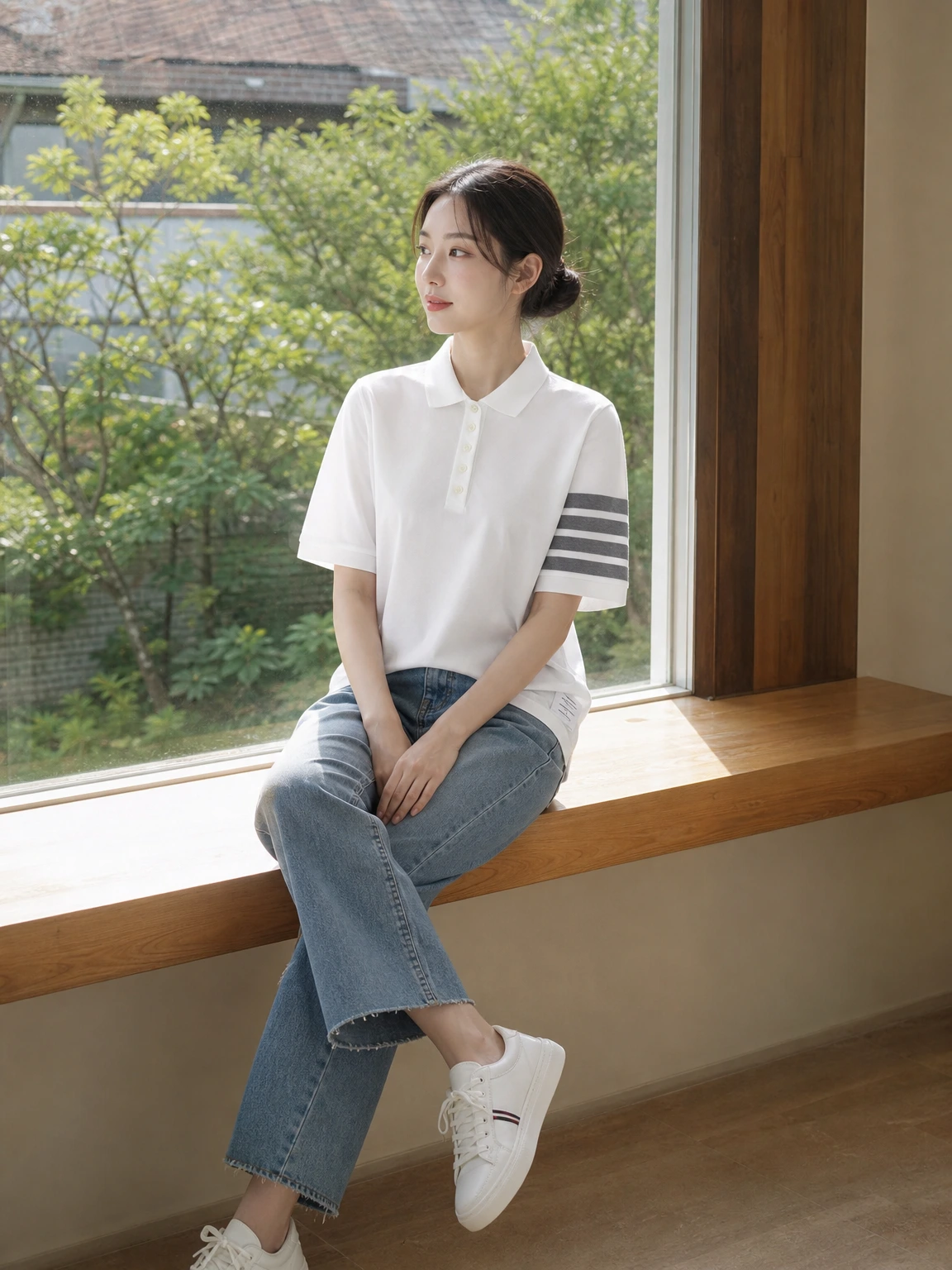 소매 4선으로 포인트 준 폴로 탑