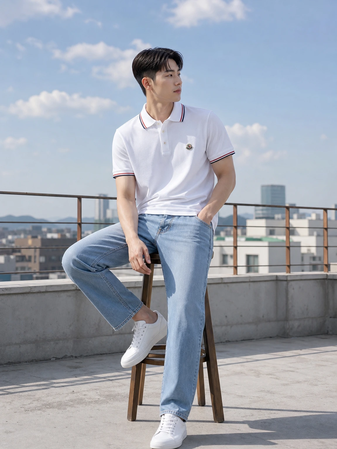 삼선 트리밍이 돋보이는 반팔 티셔츠