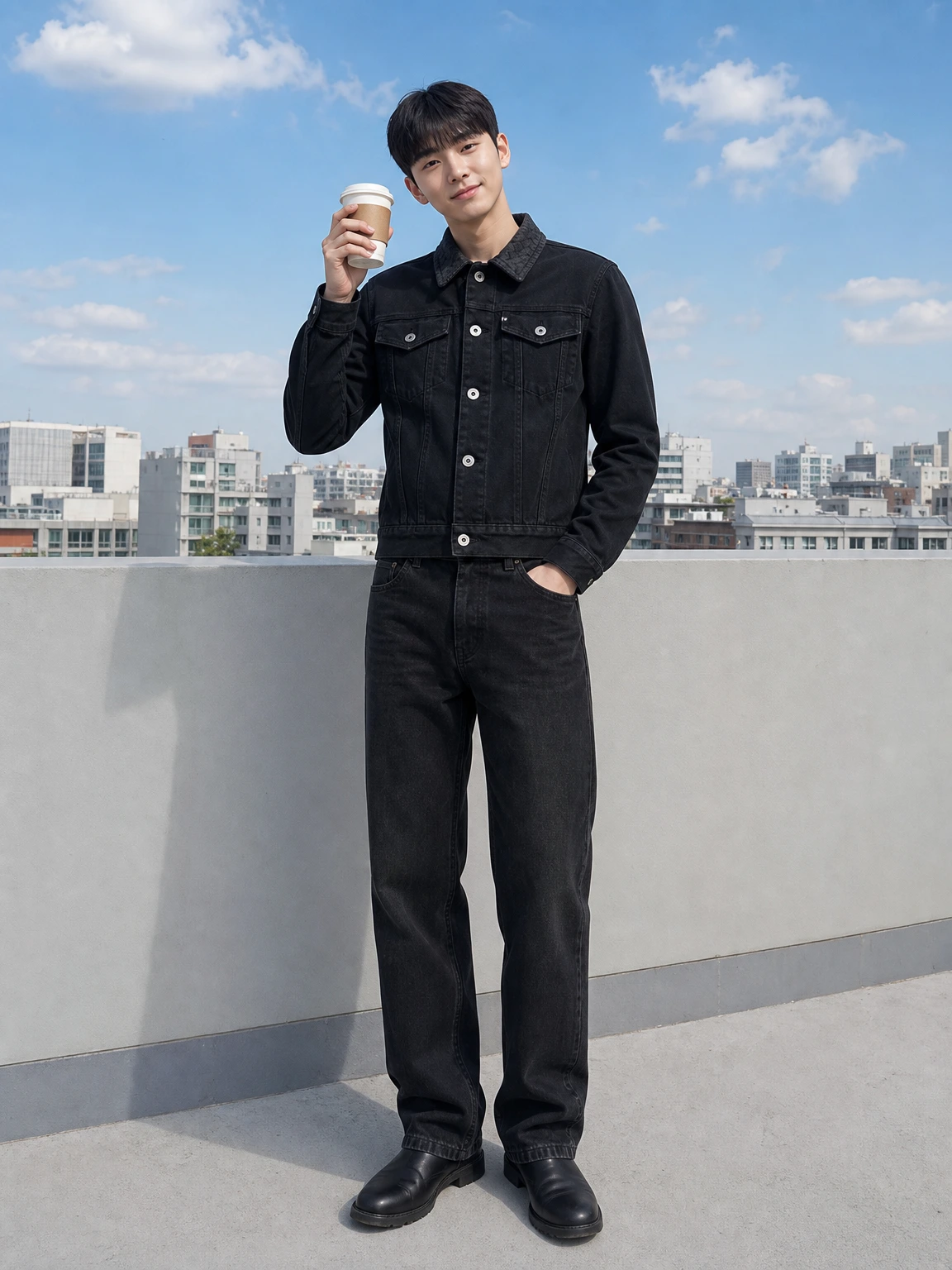 가죽 꼬임 칼라로 완성한 데님 재킷