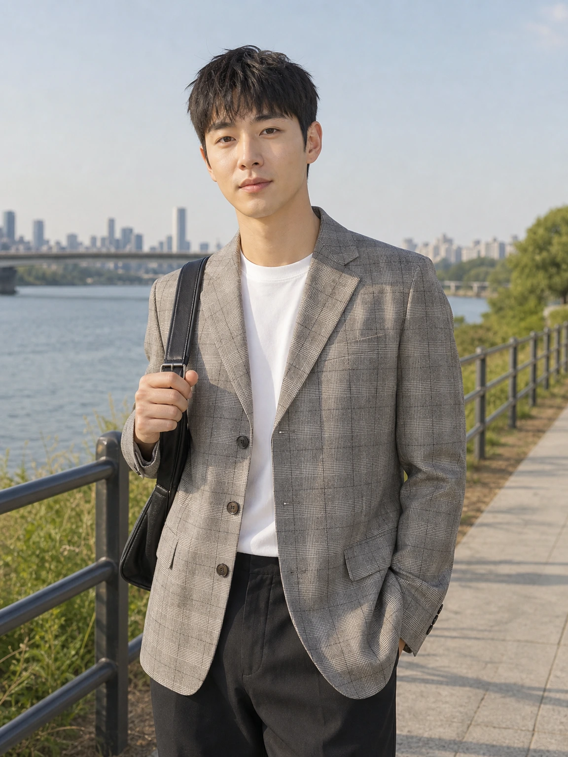 잔잔한 체크로 선이 사는 블레이저