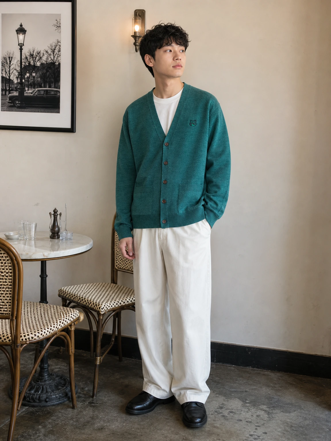 여유 있는 V넥이 돋보이는 가디건